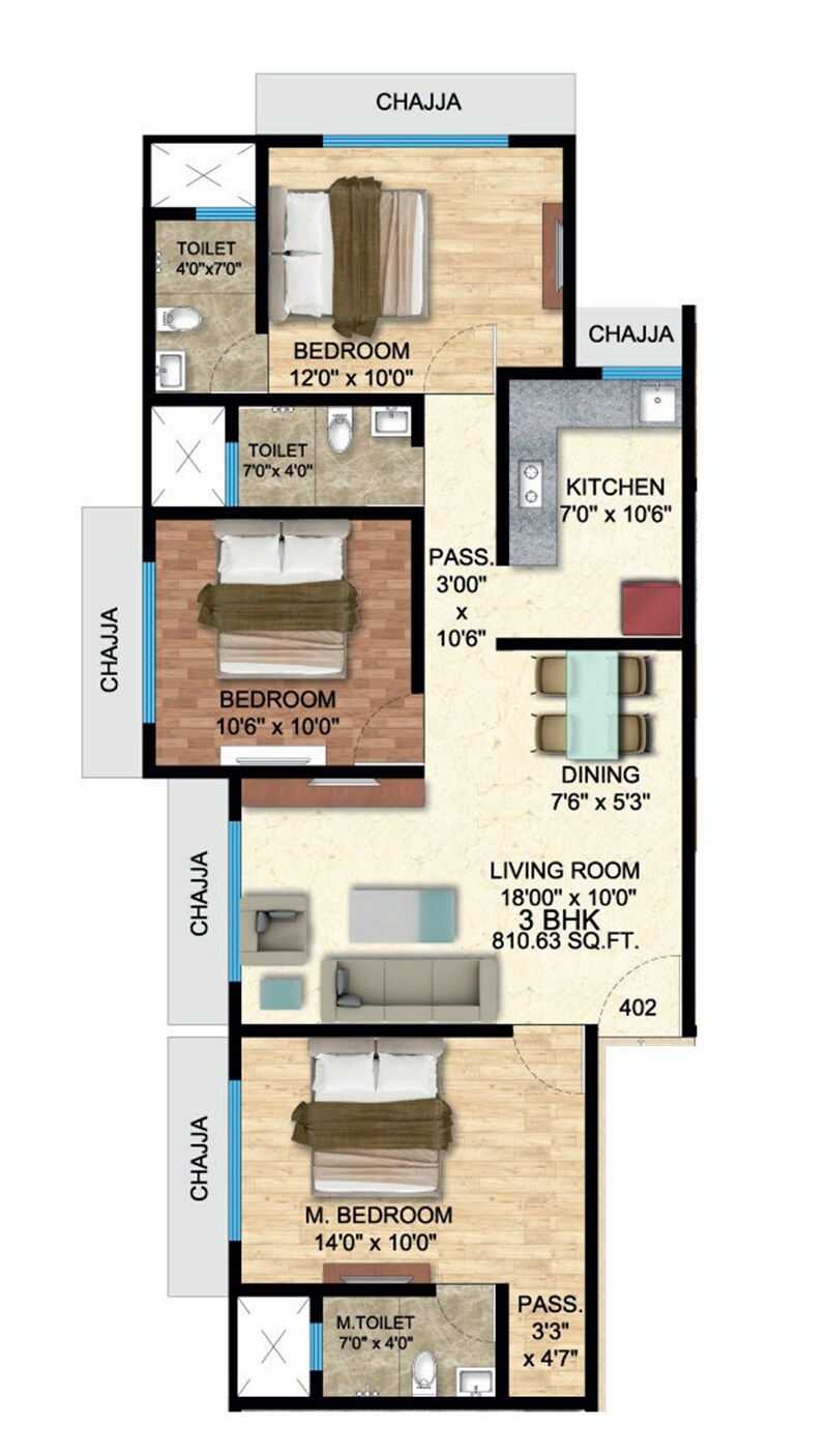 Floor plan of 3 BHK 811 Sq. Ft. Apartment in Yogi New Suyash CHS, Thane