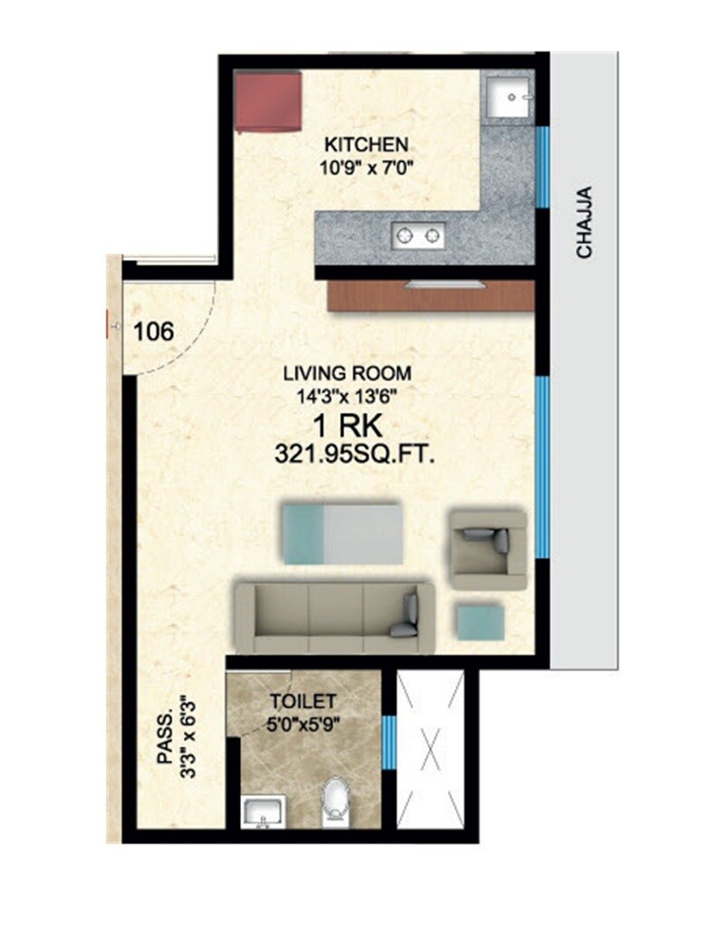 Floor plan of 322 Sq. Ft. Studio in Yogi New Suyash CHS, Thane