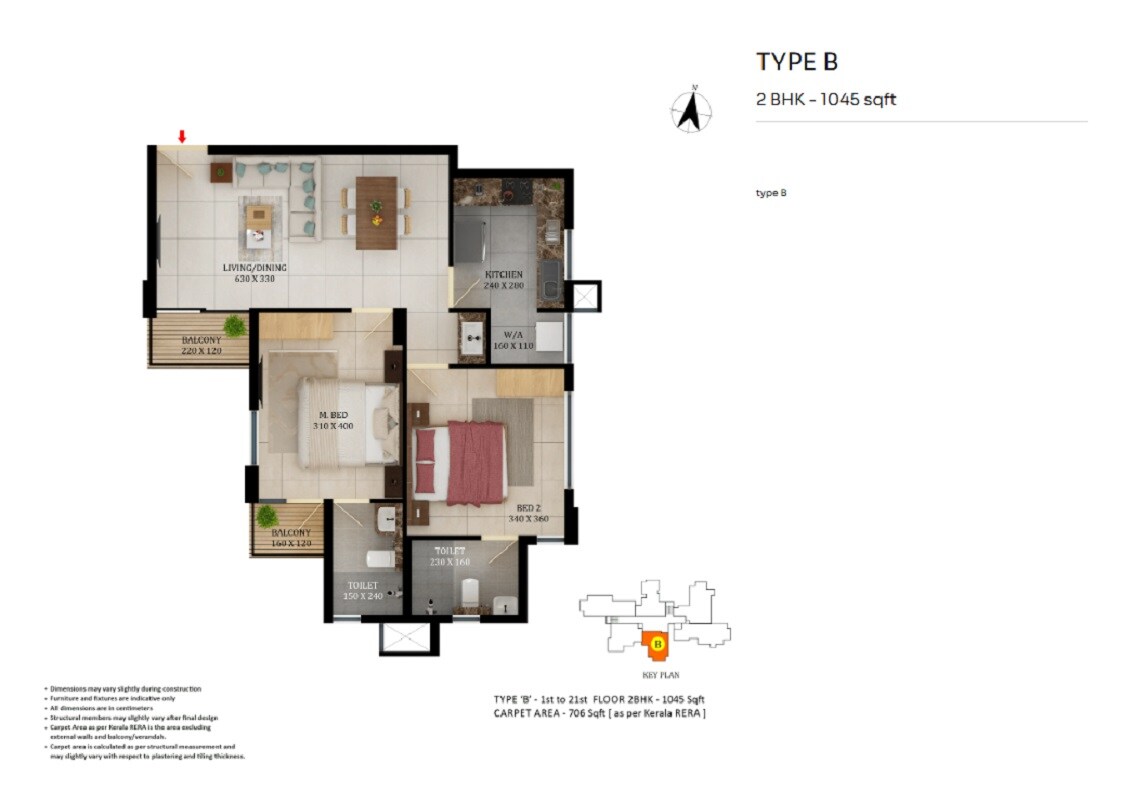 Floor plan of 2 BHK 1045 Sq. Ft. Apartment in Asset The Leaf, Thiruvananthapuram