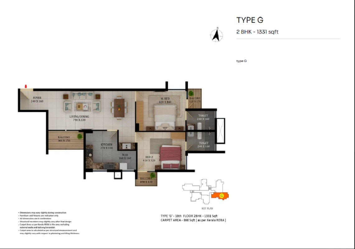 Floor plan of 2 BHK 1331 Sq. Ft. Apartment in Asset The Leaf, Thiruvananthapuram