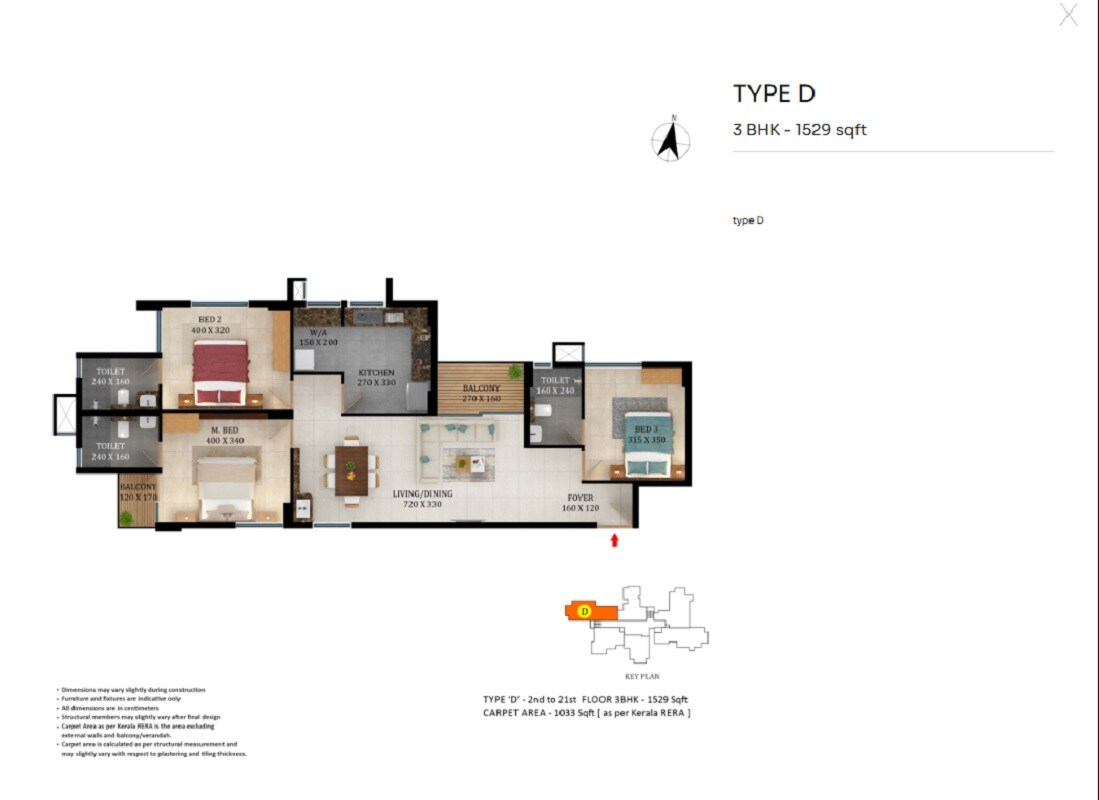 Floor plan of 3 BHK 1529 Sq. Ft. Apartment in Asset The Leaf, Thiruvananthapuram
