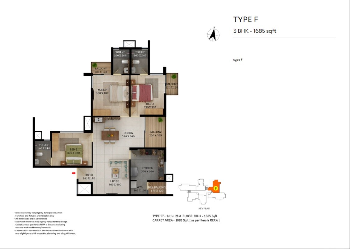 Floor plan of 3 BHK 1685 Sq. Ft. Apartment in Asset The Leaf, Thiruvananthapuram