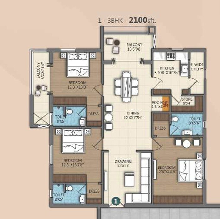 Floor plan of 3 BHK 2100 Sq. Ft. Apartment in CPR Park Heights, Tirupati