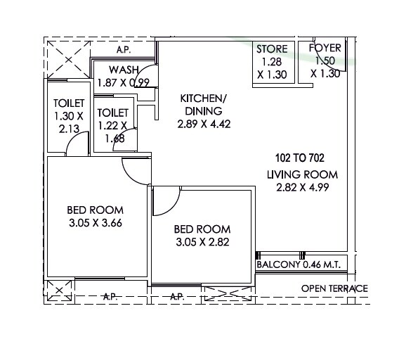 2 BHK 705 Sq. Ft. Apartment