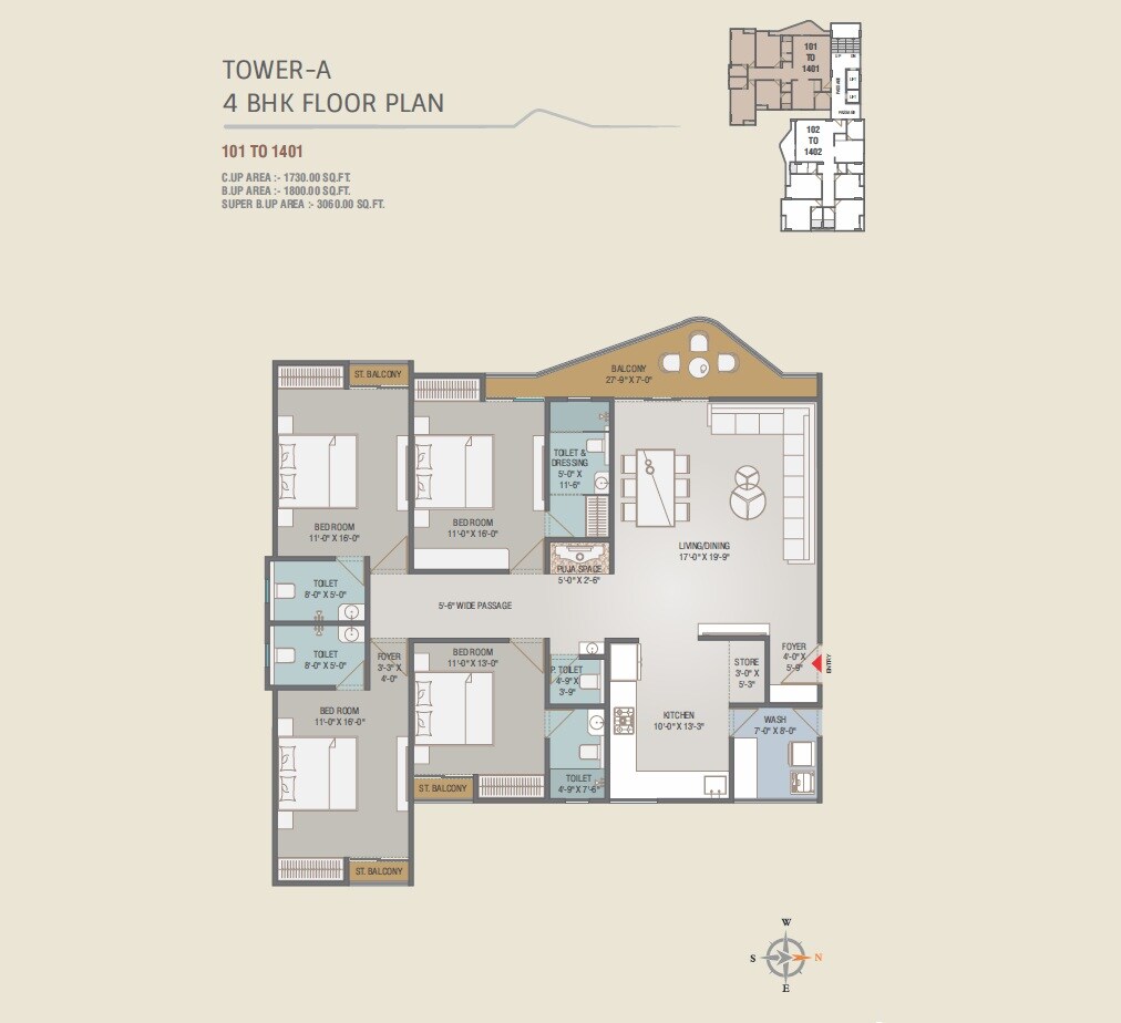 Floor plan of 4 BHK 1730 Sq. Ft. Apartment in Amardeep Elinor, Vadodara