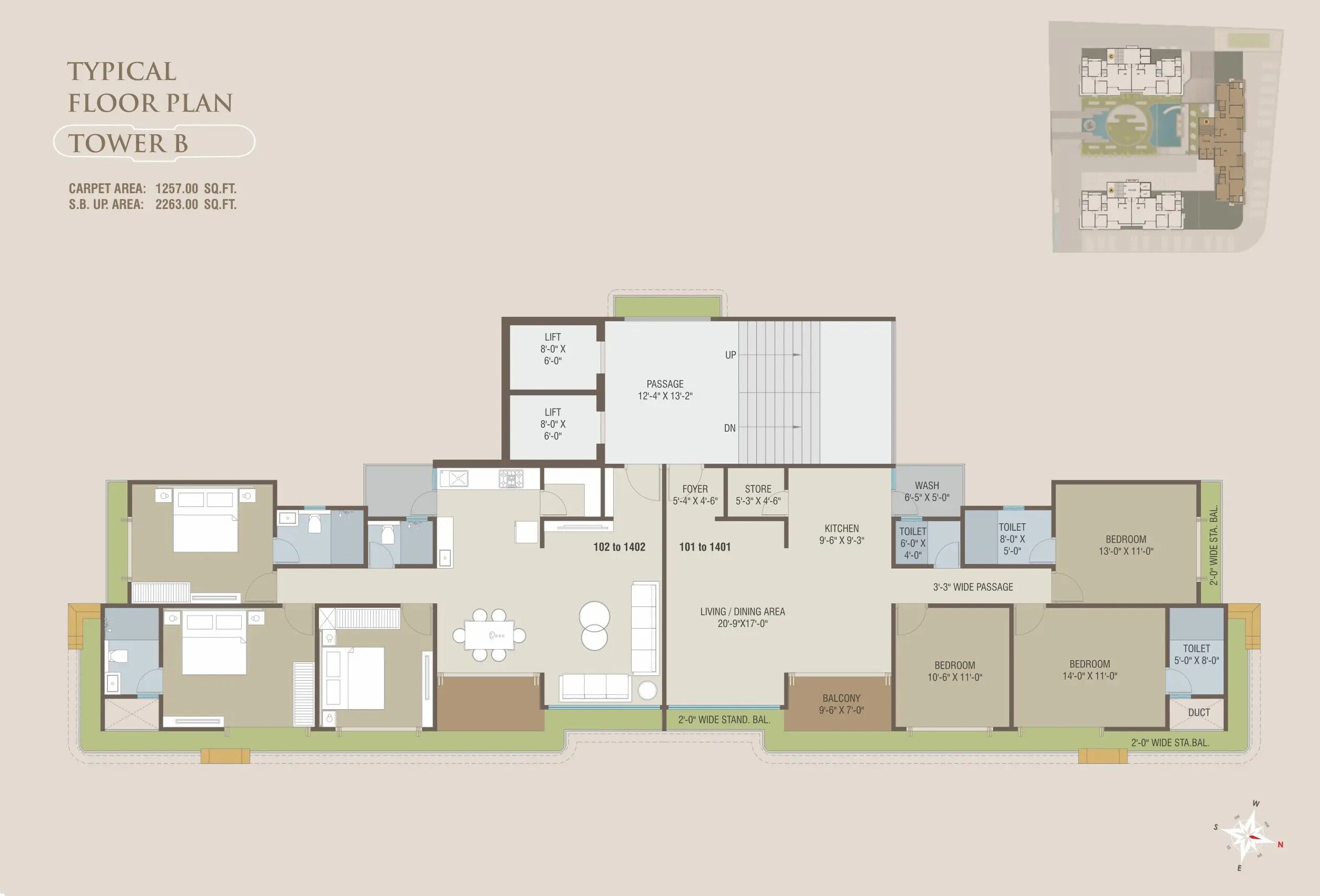 Floor plan of 3 BHK 1257 Sq. Ft. Apartment in Courtyard Palladium, Vadodara