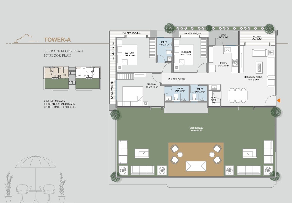 Floor plan of 3 BHK 1081 Sq. Ft. Apartment in Courtyard Regalia 2, Vadodara