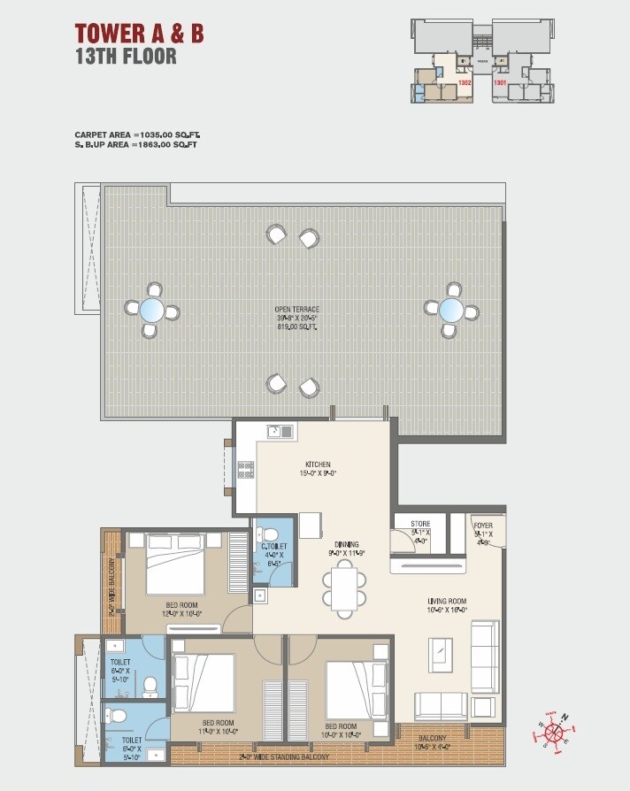 Floor plan of 3 BHK 1863 Sq. Ft. Apartment in Courtyard Trinetra, Vadodara