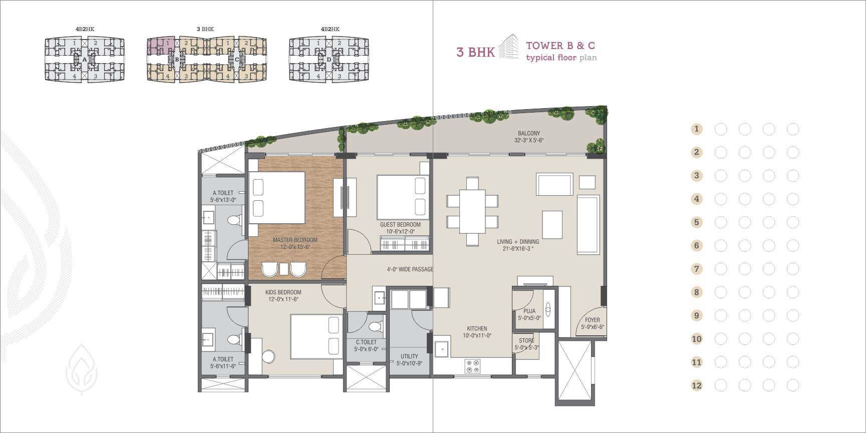 Floor plan of 3 BHK 2440 Sq. Ft. Apartment in Darshanam Club Life, Vadodara