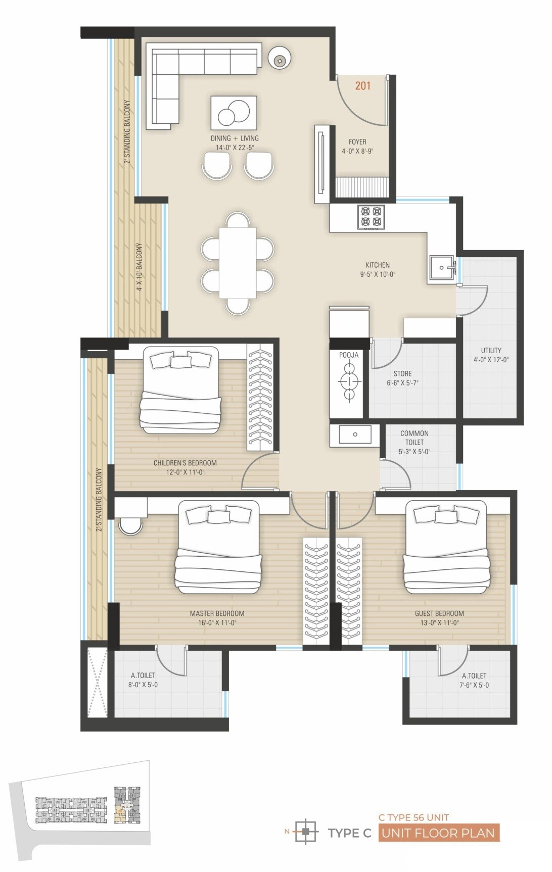 Floor plan of 3 BHK 1272 Sq. Ft. Apartment in Everest Axora, Vadodara