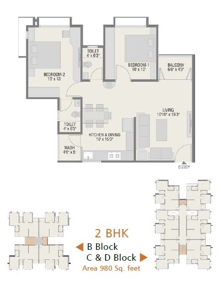 2 BHK 980 Sq. Ft. Apartment