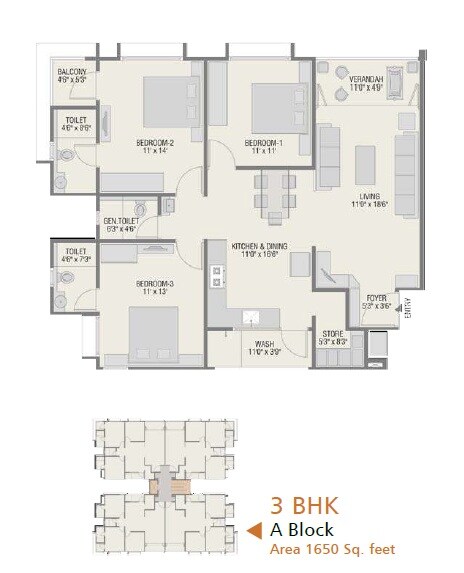 Floor plan of 3 BHK 1650 Sq. Ft. Apartment in G Platinum, Vadodara