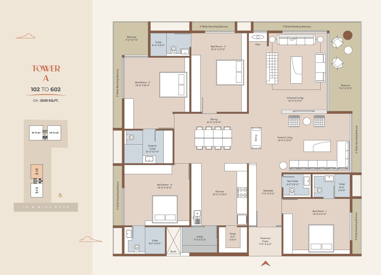 Floor plan of 4 BHK 2550 Sq. Ft. Apartment in Karma Horizon, Vadodara
