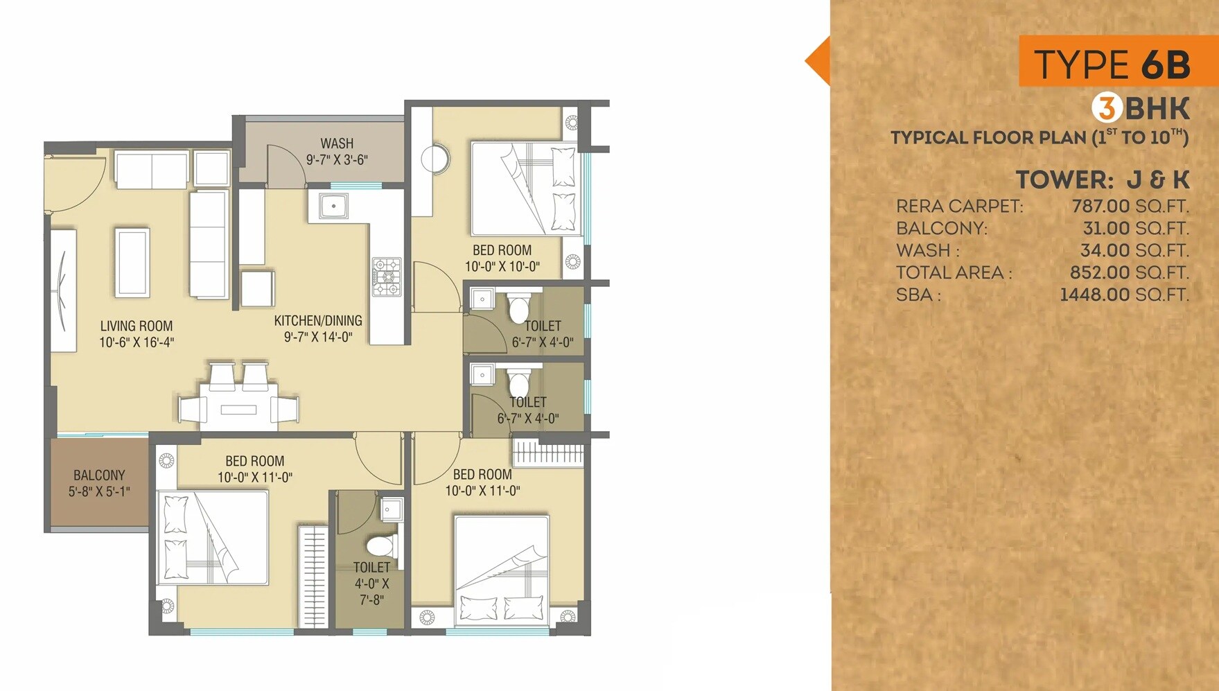 Floor plan of 3 BHK 1448 Sq. Ft. Apartment in Samanvay Westfields, Vadodara