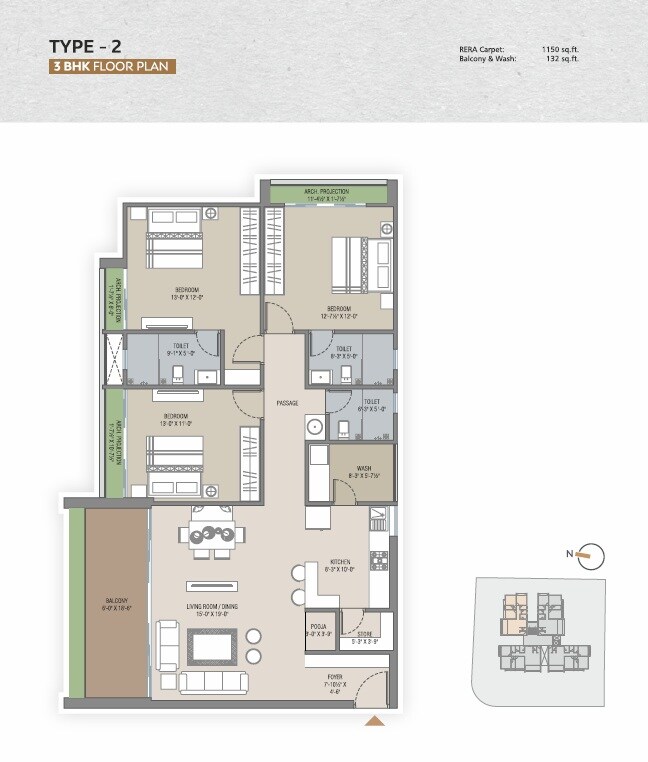 Floor plan of 3 BHK 1150 Sq. Ft. Apartment in Sarjan Urban Perch, Vadodara