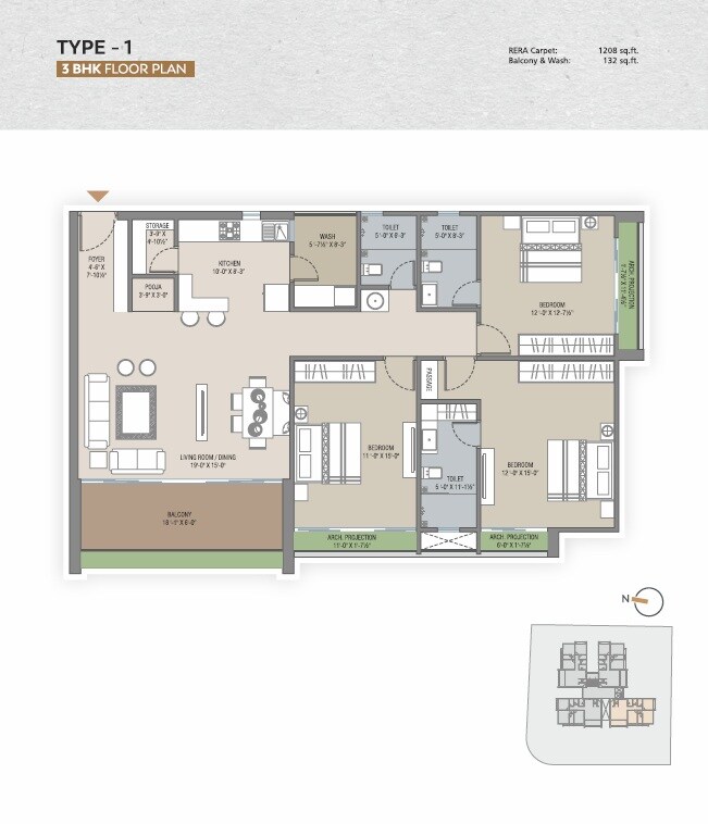 Floor plan of 3 BHK 1208 Sq. Ft. Apartment in Sarjan Urban Perch, Vadodara