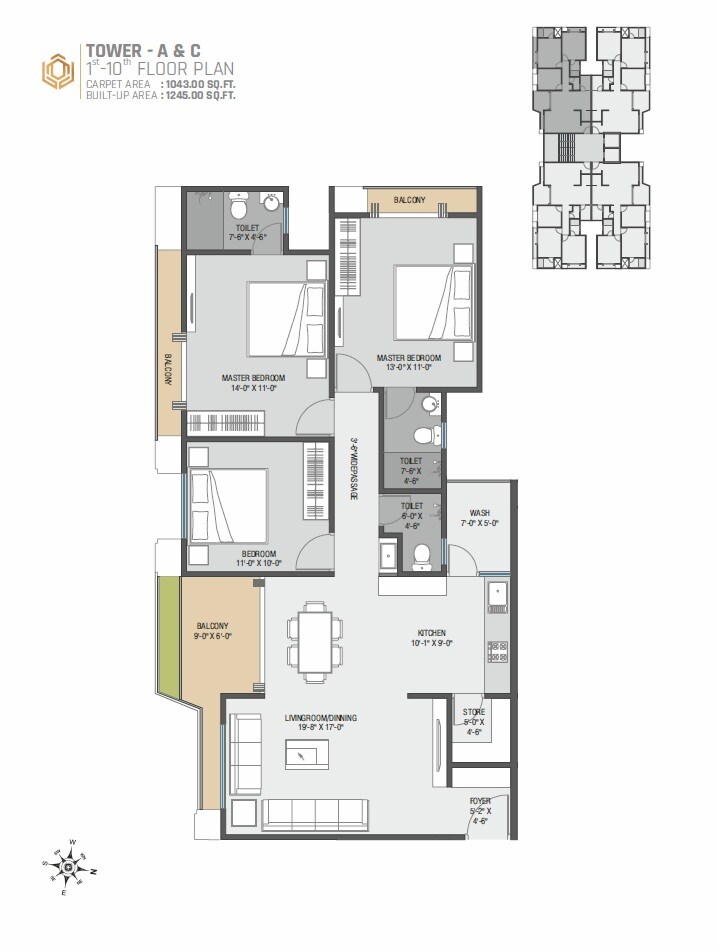 3 BHK 1043 Sq. Ft. Apartment