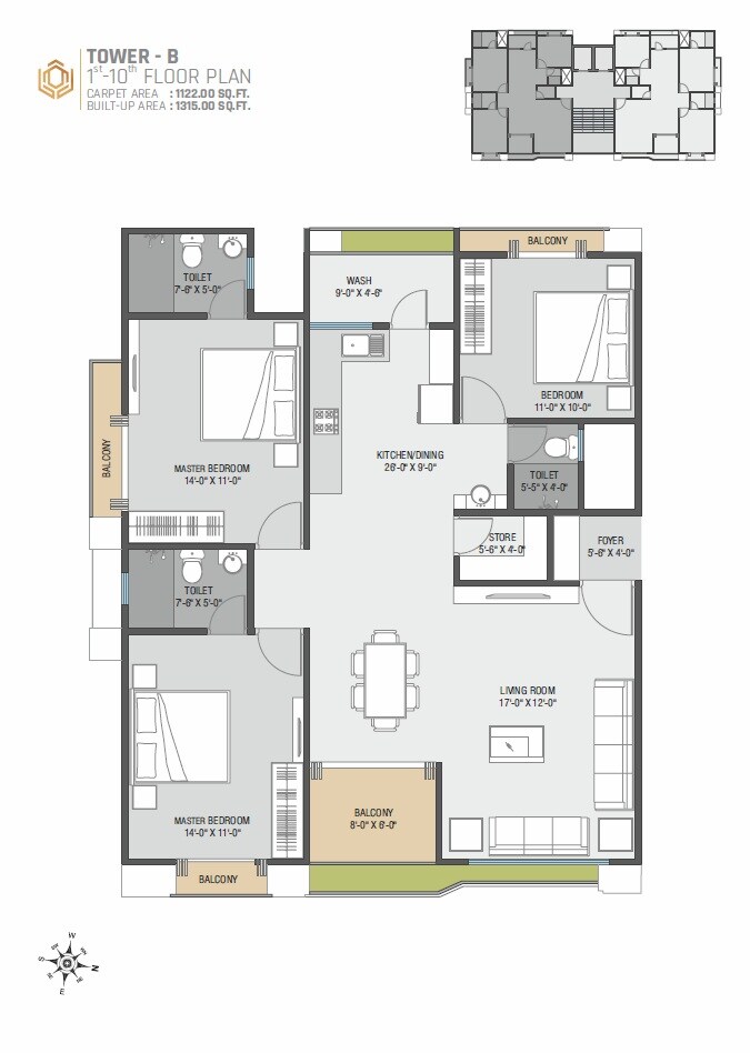 3 BHK 1122 Sq. Ft. Apartment