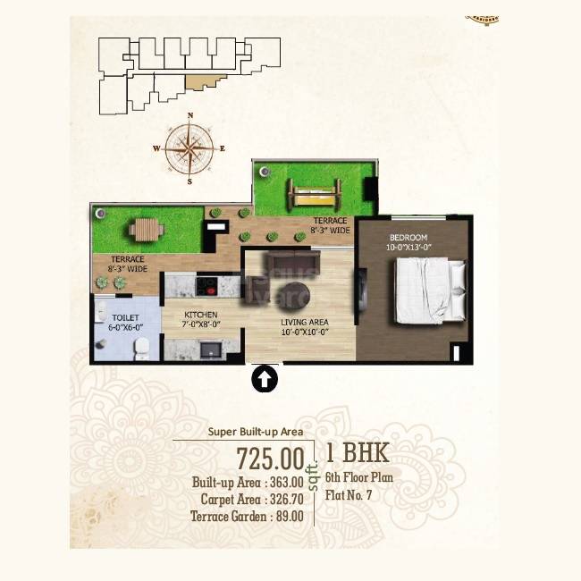 Floor plan of 1 BHK 725 Sq. Ft. Apartment in Aditri Kashi Nilayam, Varanasi