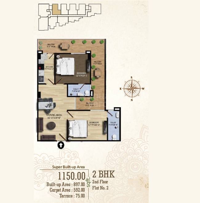 Floor plan of 2 BHK 1150 Sq. Ft. Apartment in Aditri Kashi Nilayam, Varanasi
