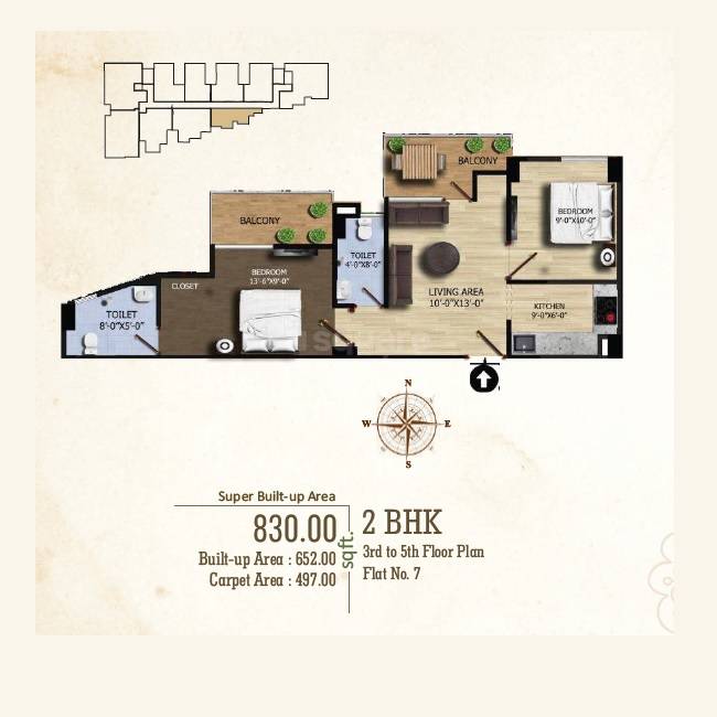 Floor plan of 2 BHK 830 Sq. Ft. Apartment in Aditri Kashi Nilayam, Varanasi