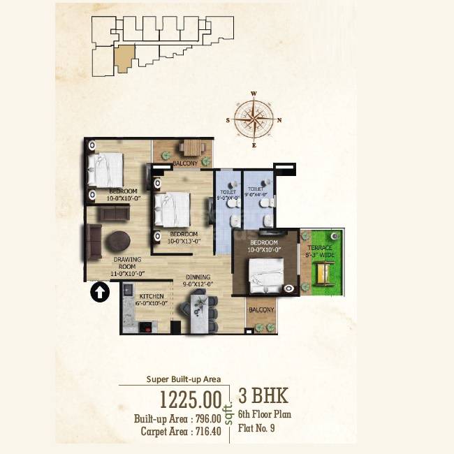 Floor plan of 3 BHK 1225 Sq. Ft. Apartment in Aditri Kashi Nilayam, Varanasi