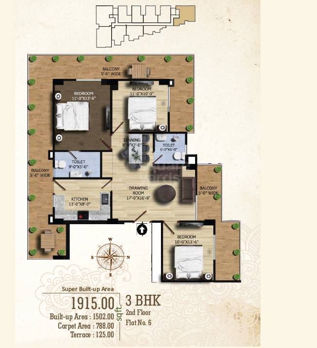 Floor plan of 3 BHK 1915 Sq. Ft. Apartment in Aditri Kashi Nilayam, Varanasi