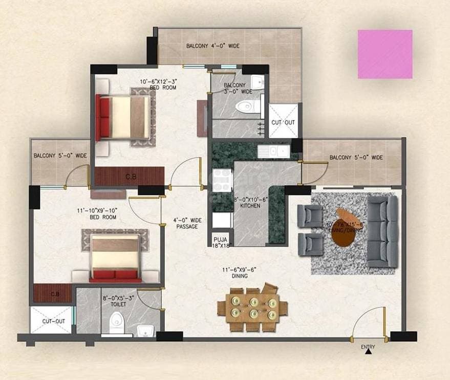 Floor plan of 2 BHK 1150 Sq. Ft. Apartment in Awadh Ambrosia, Varanasi