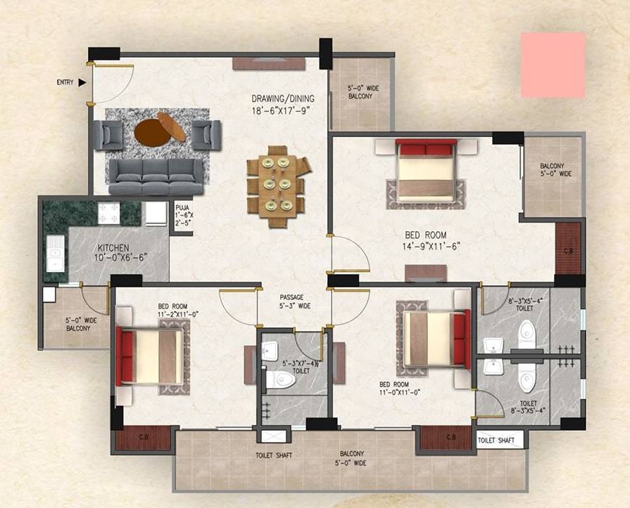 Floor plan of 3 BHK 1575 Sq. Ft. Apartment in Awadh Ambrosia, Varanasi
