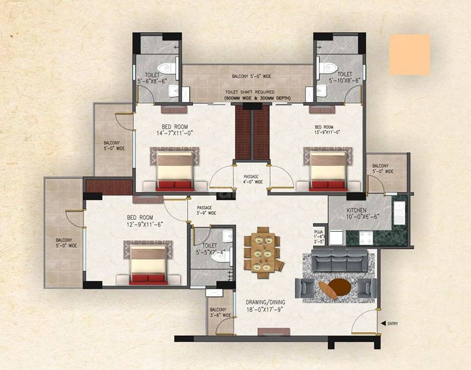 Floor plan of 3 BHK 1650 Sq. Ft. Apartment in Awadh Ambrosia, Varanasi