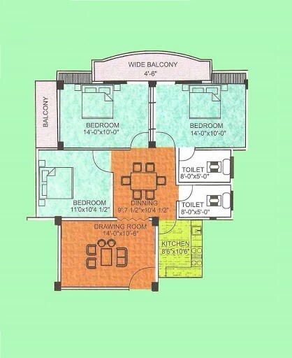Floor plan of 3 BHK Apartment - 1390 sq. ft. in Awadh Apartment, Varanasi