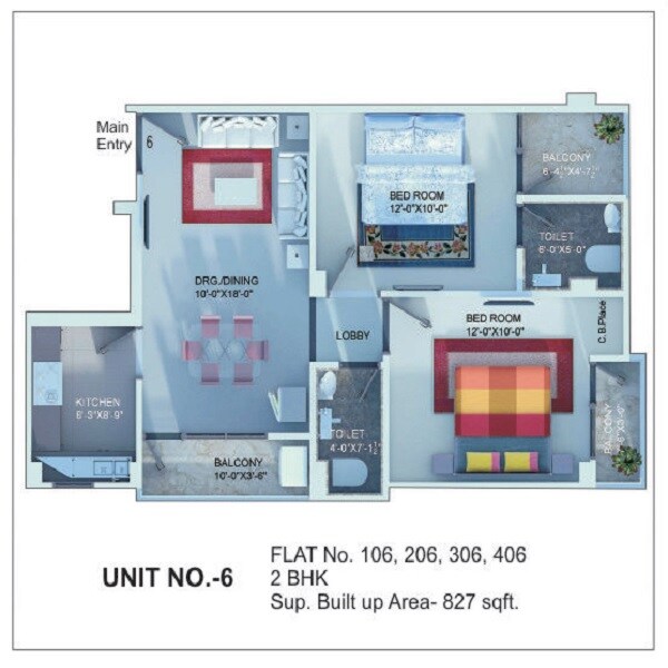 Floor plan of 2 BHK 827 Sq. Ft. Apartment in Dhairya Nikunj, Varanasi