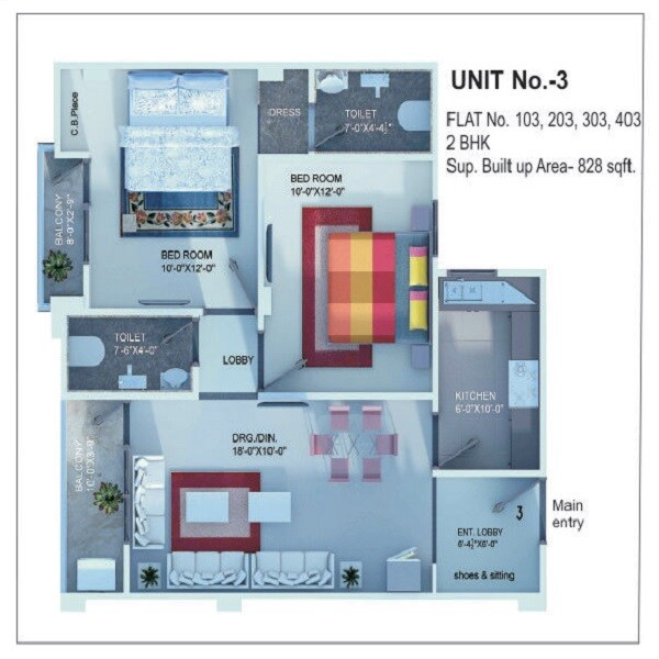 Floor plan of 2 BHK 828 Sq. Ft. Apartment in Dhairya Nikunj, Varanasi