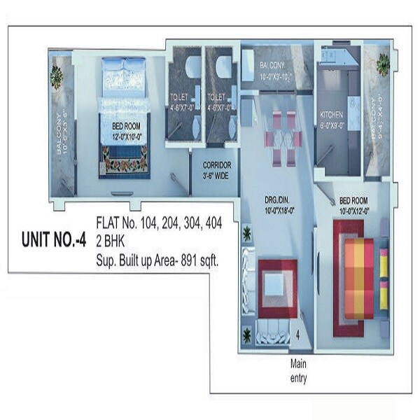 Floor plan of 2 BHK 891 Sq. Ft. Apartment in Dhairya Nikunj, Varanasi