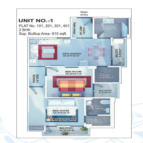 Floor plan of 2 BHK 915 Sq. Ft. Apartment in Dhairya Nikunj, Varanasi