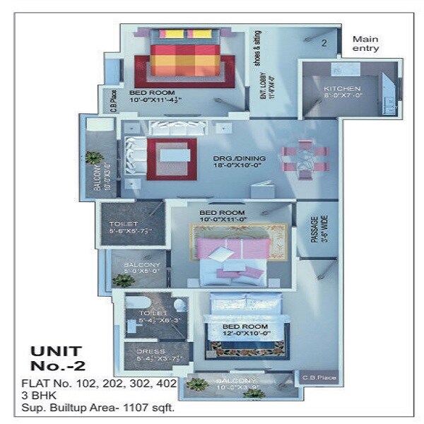 Floor plan of 3 BHK 1107 Sq. Ft. Apartment in Dhairya Nikunj, Varanasi