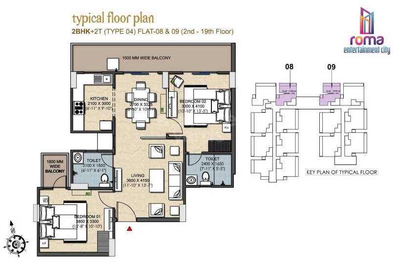 Floor plan of 2 BHK 1257 Sq. Ft. Apartment in Roma Entertainment City, Varanasi