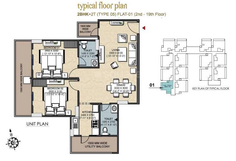 Floor plan of 2 BHK 1324 Sq. Ft. Apartment in Roma Entertainment City, Varanasi