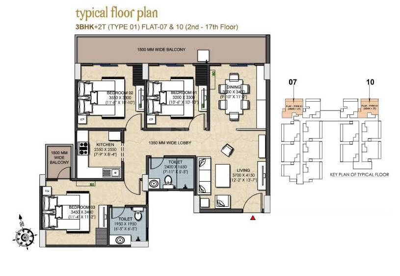 Floor plan of 3 BHK 1492 Sq. Ft. Apartment in Roma Entertainment City, Varanasi