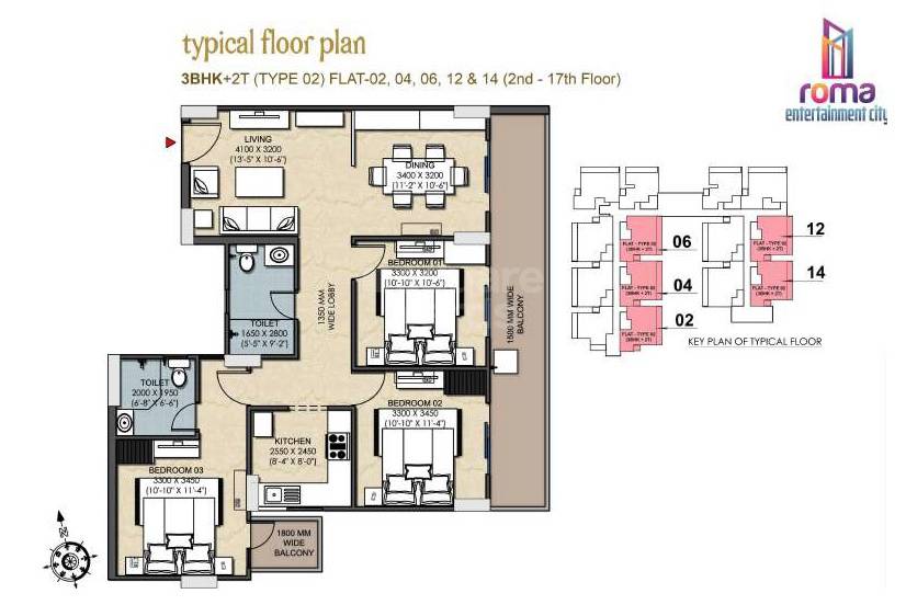 Floor plan of 3 BHK 1505 Sq. Ft. Apartment in Roma Entertainment City, Varanasi
