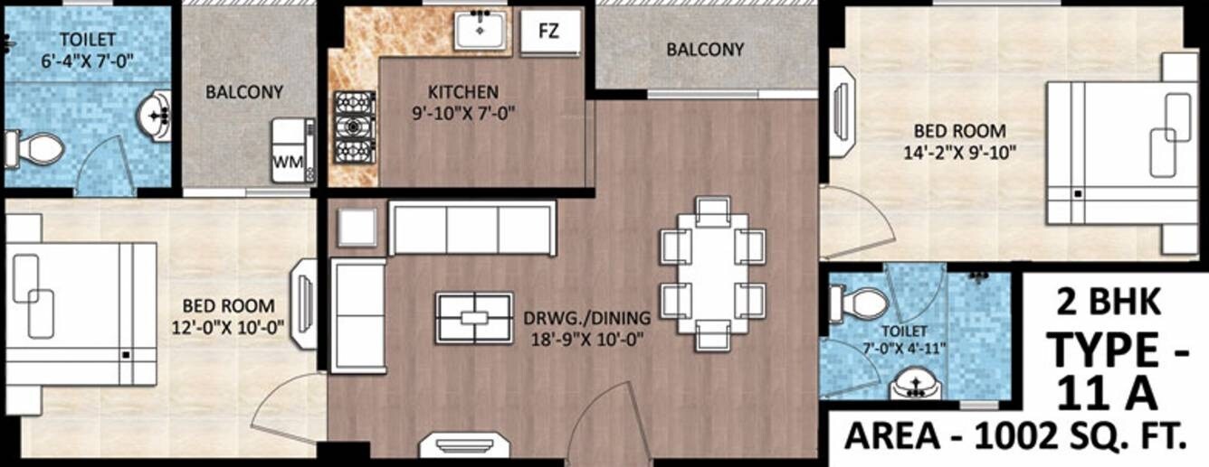 Floor plan of 2 BHK 1002 Sq. Ft. Apartment in Rudra Buddha Enclave, Varanasi