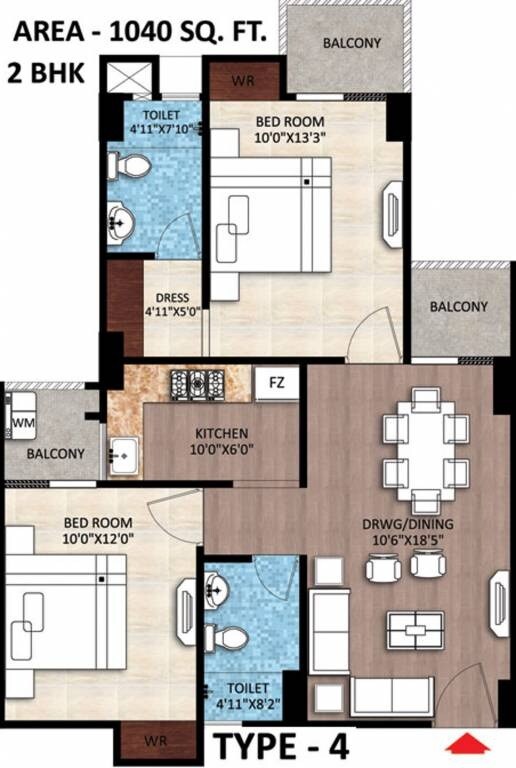 Floor plan of 2 BHK 1040 Sq. Ft. Apartment in Rudra Buddha Enclave, Varanasi