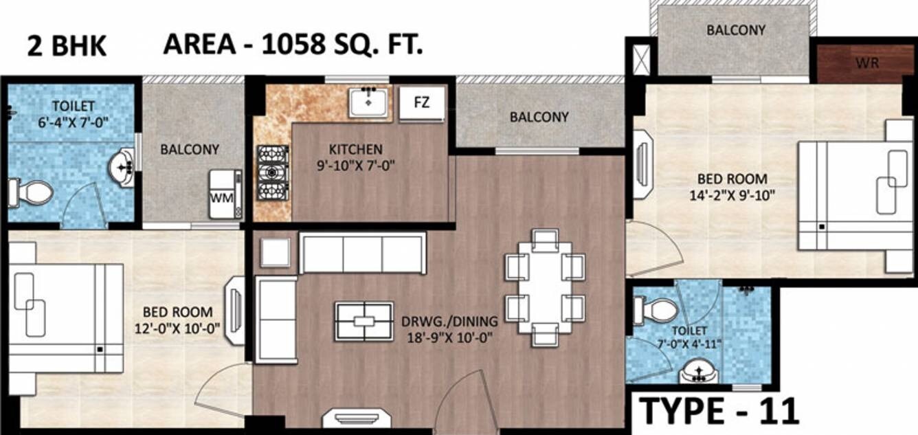 Floor plan of 2 BHK 1058 Sq. Ft. Apartment in Rudra Buddha Enclave, Varanasi