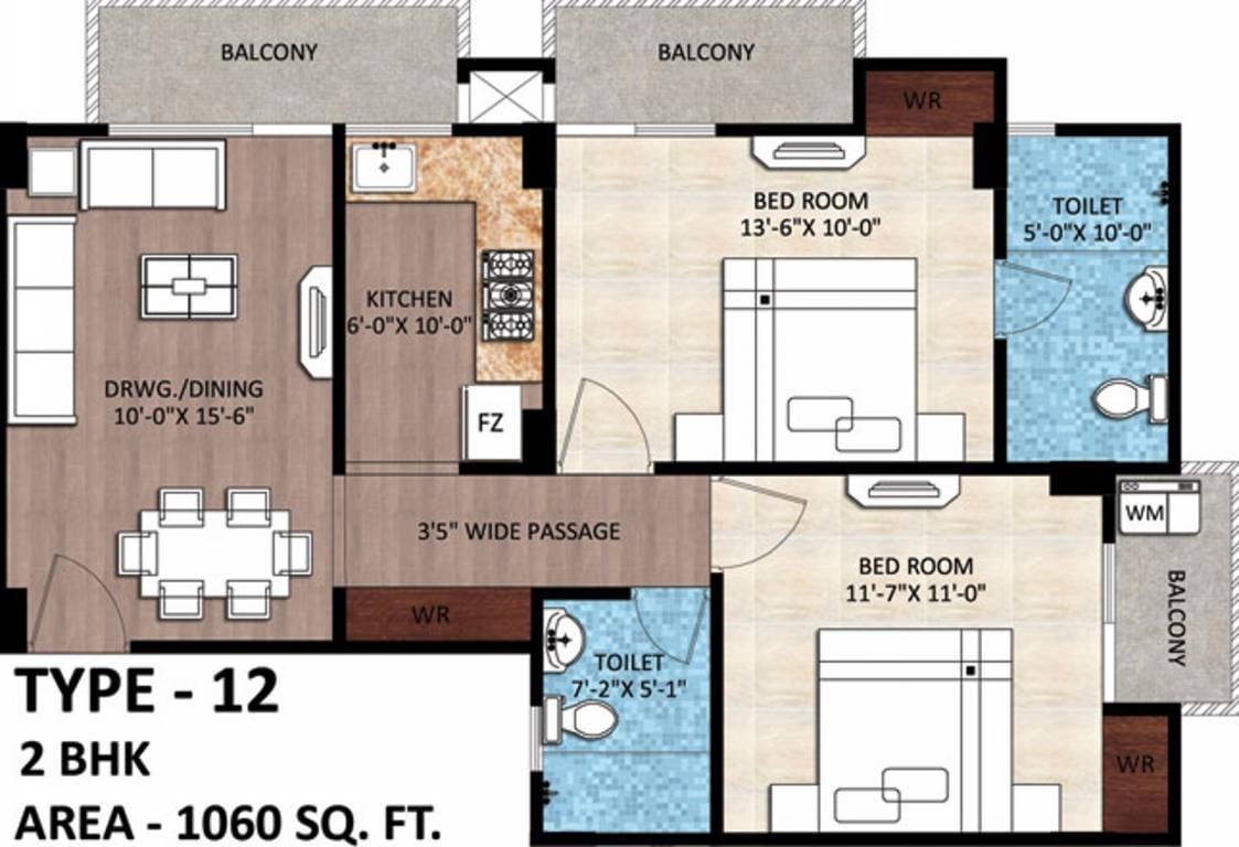 Floor plan of 2 BHK 1060 Sq. Ft. Apartment in Rudra Buddha Enclave, Varanasi