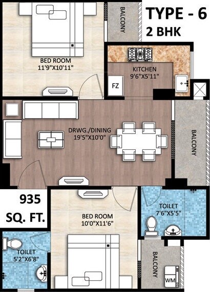 Floor plan of 2 BHK 935 Sq. Ft. Apartment in Rudra Buddha Enclave, Varanasi