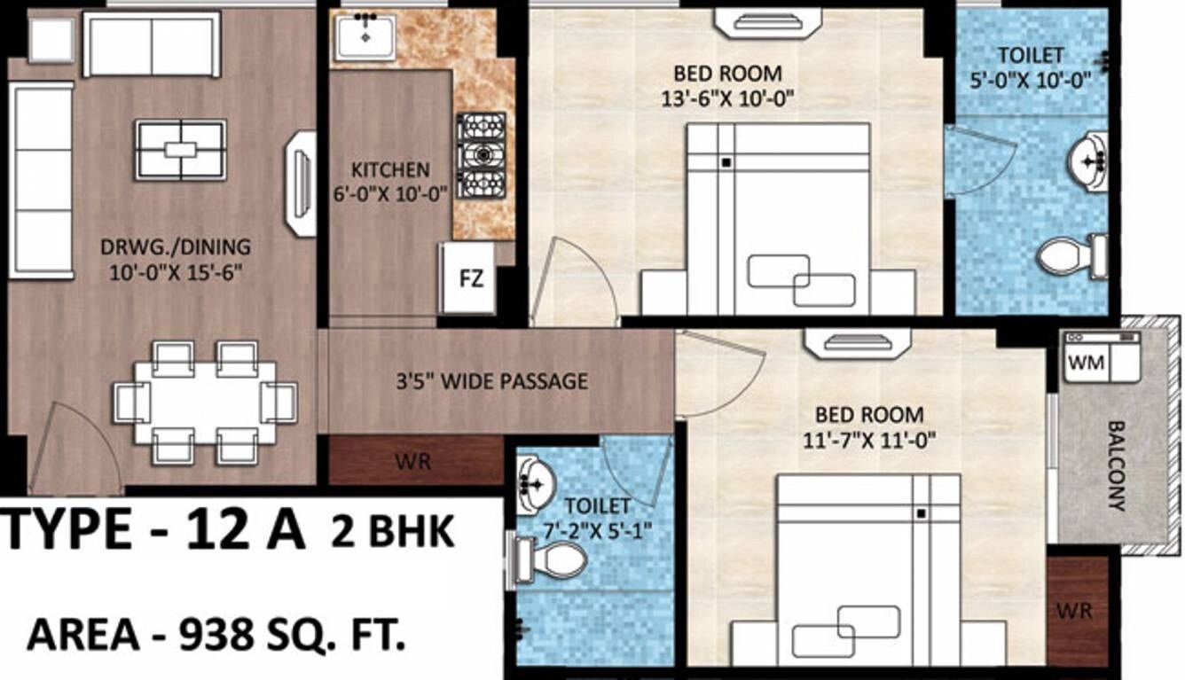 Floor plan of 2 BHK 938 Sq. Ft. Apartment in Rudra Buddha Enclave, Varanasi