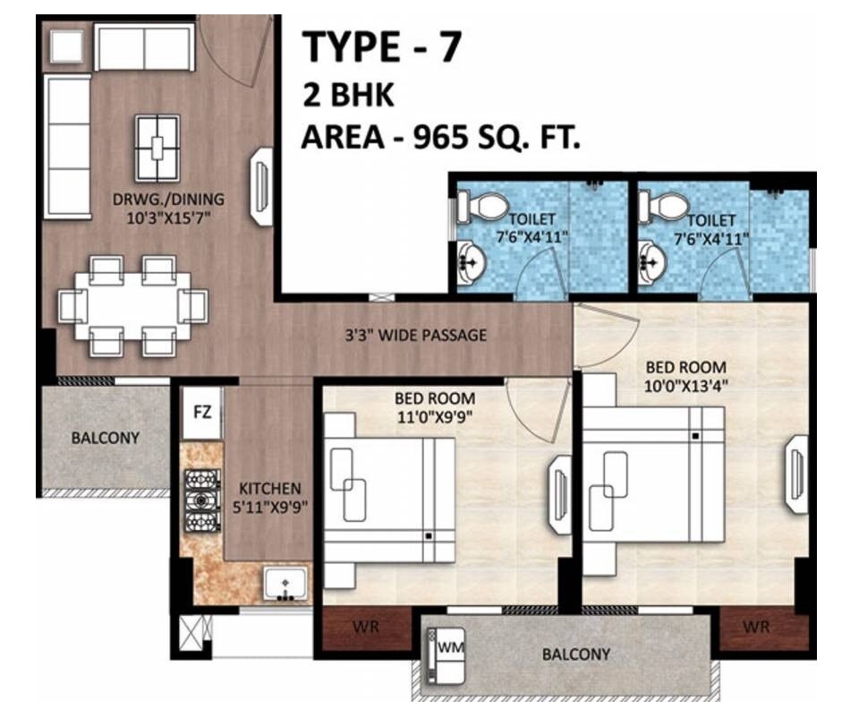 Floor plan of 2 BHK 965 Sq. Ft. Apartment in Rudra Buddha Enclave, Varanasi