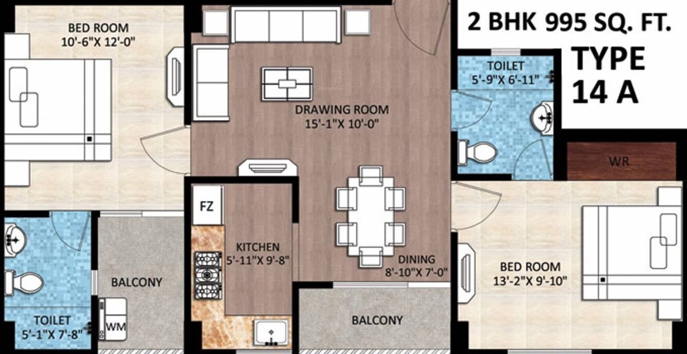 Floor plan of 2 BHK 995 Sq. Ft. Apartment in Rudra Buddha Enclave, Varanasi