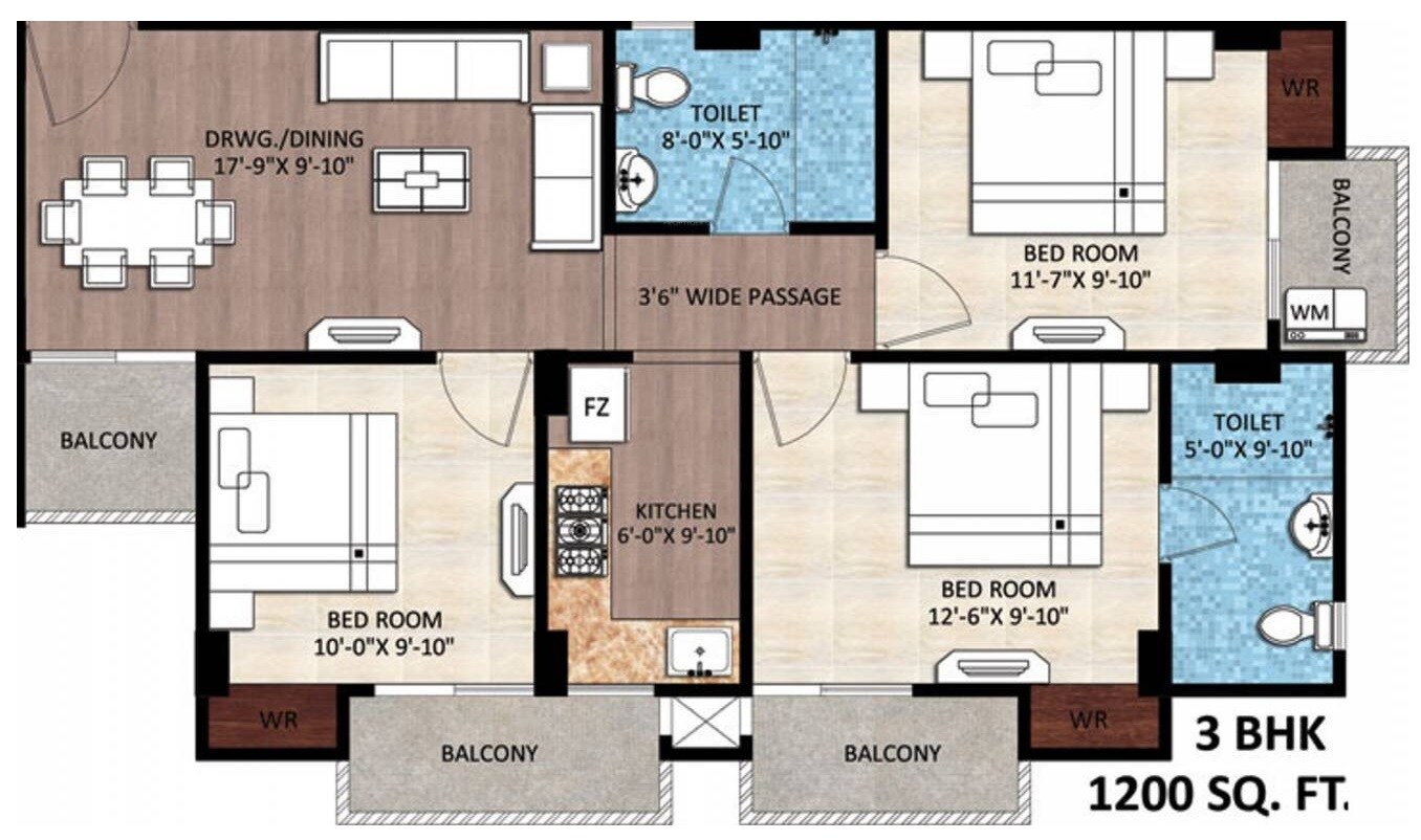 Floor plan of 3 BHK 1200 Sq. Ft. Apartment in Rudra Buddha Enclave, Varanasi