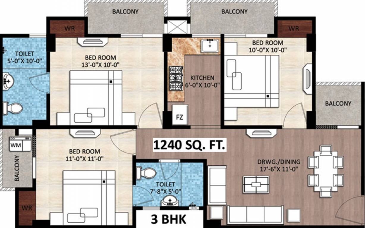 Floor plan of 3 BHK 1240 Sq. Ft. Apartment in Rudra Buddha Enclave, Varanasi